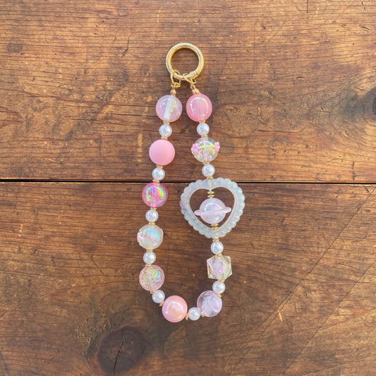 Pink heart and Saturn keychain