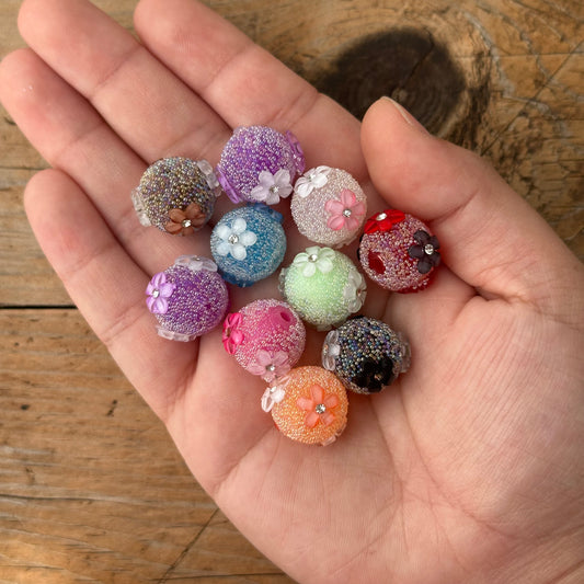 10pc - 16mm Fancy Bubble Bead with Flowers and Rhinestone (FY13)